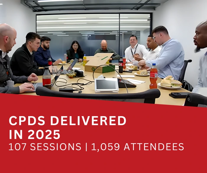 Crane Fluid Systems CPD session, with text saying CPDs Delivered in 2025 - 107 sessions, 1059 attendees.